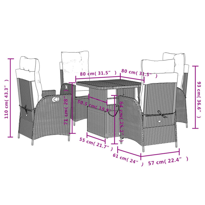 Set da Pranzo da Giardino 5 pz Nero con Cuscini in Polyrattan 3277446