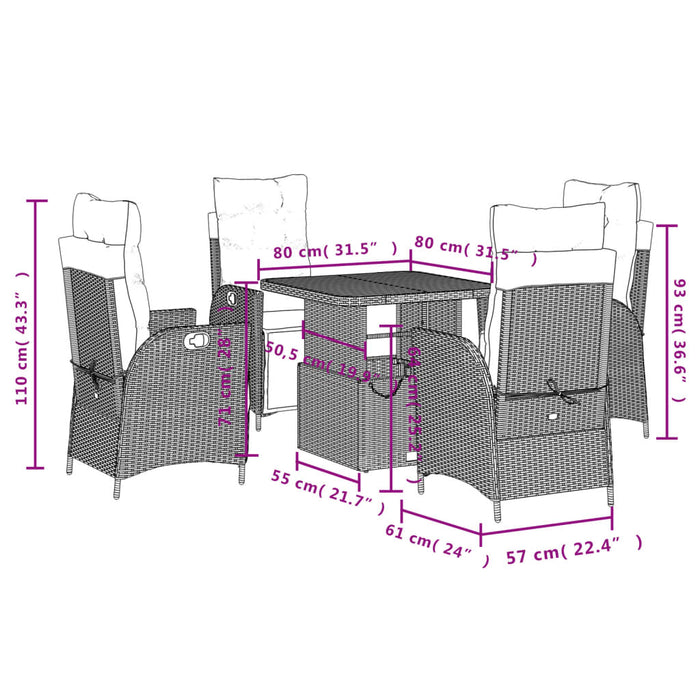 Set da Pranzo da Giardino 5 pz Nero con Cuscini in Polyrattan 3277448