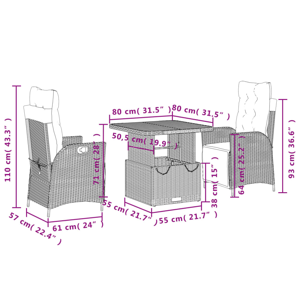 Set da Pranzo da Giardino 3 pz con Cuscini Beige in Polyrattan 3277471