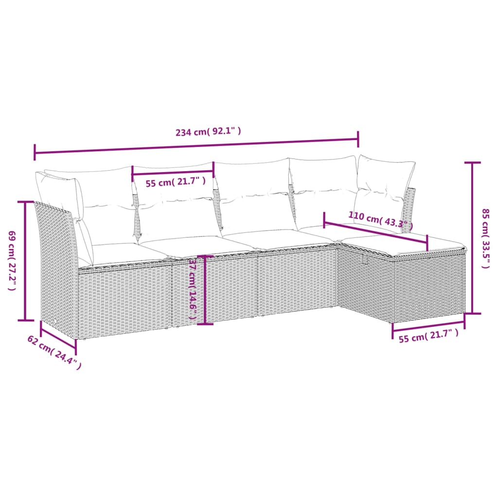 Set Divani da Giardino 5 pz con Cuscini in Polyrattan Nero 3263131