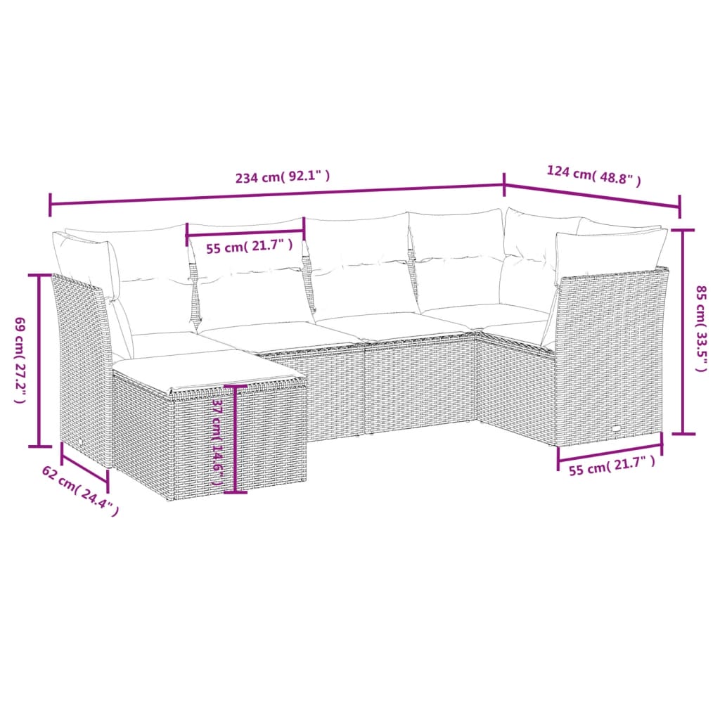 Set Divano da Giardino 6 pz con Cuscini Nero in Polyrattan 3263172