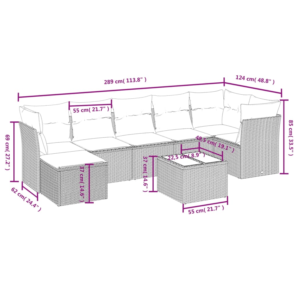 Set Divano da Giardino 8 pz con Cuscini Grigio in Polyrattan 3263206