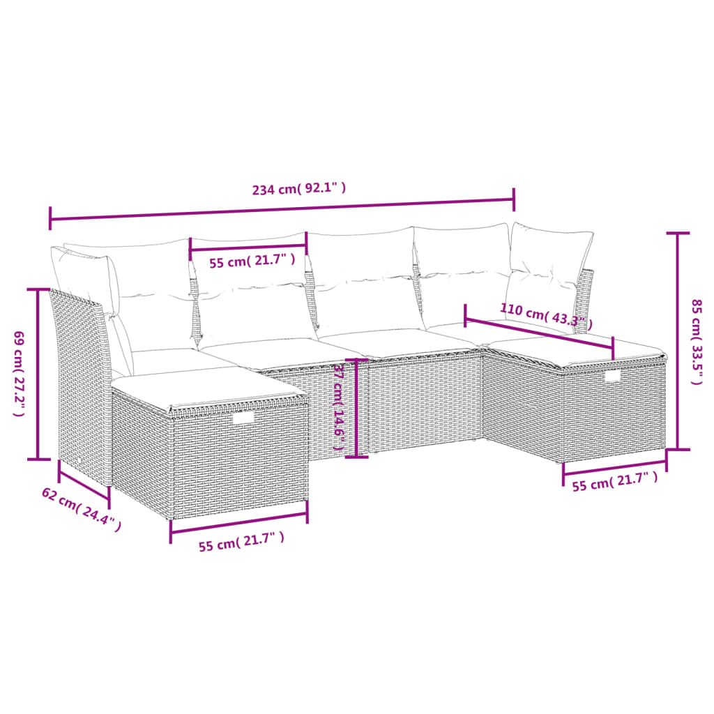 Set Divano da Giardino 6 pz con Cuscini Marrone in Polyrattan 3263239