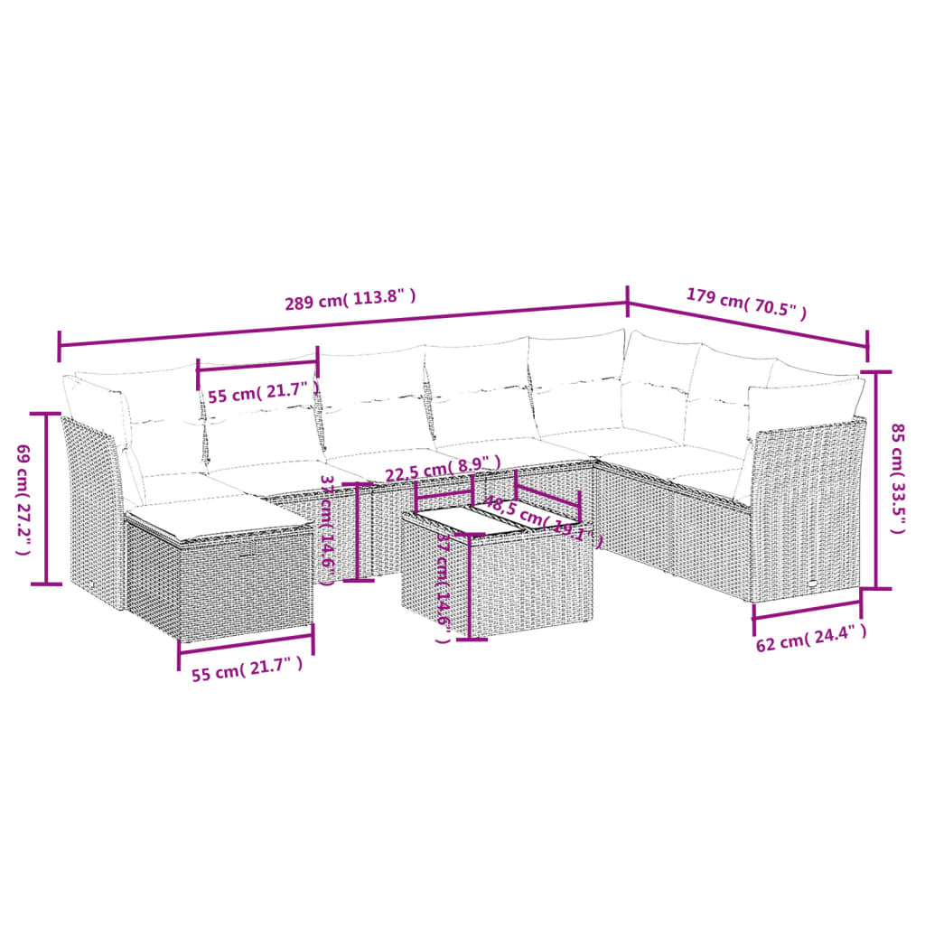 Set Divano da Giardino 9 pz con Cuscini Grigio in Polyrattan 3263286