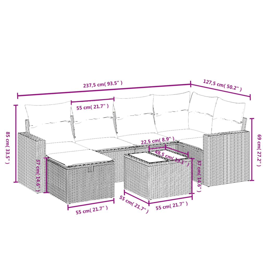 Set Divani da Giardino con Cuscini 7pz Nero Polyrattancod mxl 113693