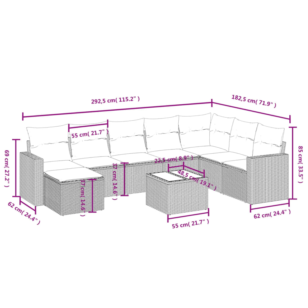 Set Divano da Giardino 9pz con Cuscini Grigio Chiaro Polyrattan 3263598