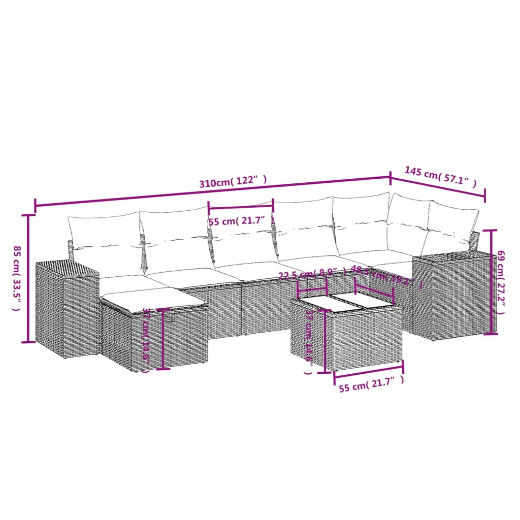 Set Divano da Giardino 8 pz con Cuscini Beige in Polyrattan 3264444