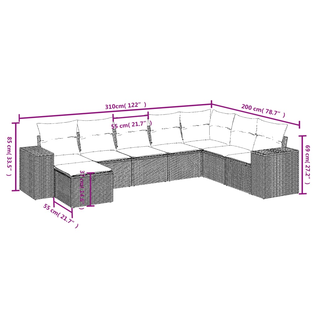 Set Divano da Giardino 8pz con Cuscini Grigio Chiaro Polyrattan 3264518