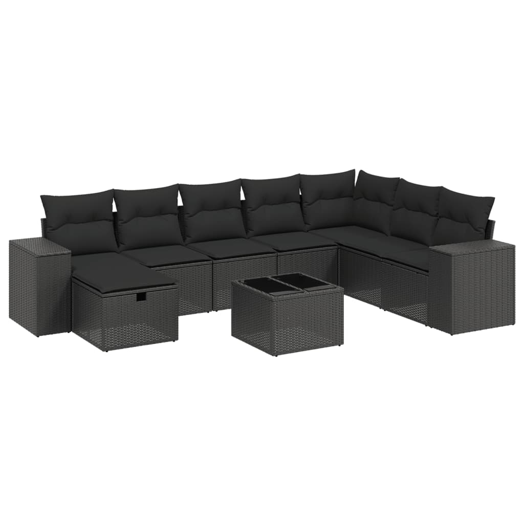 Set Divani da Giardino 9 pz con Cuscini Nero in Polyrattan 3264521