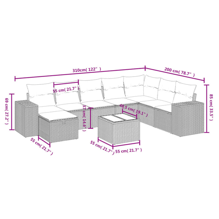 Set Divano da Giardino 9 pz con Cuscini Grigio in Polyrattan 3264526