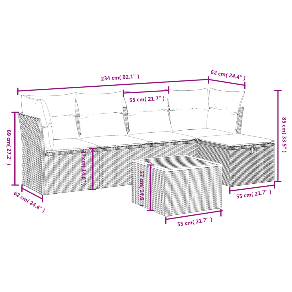 Set Divano da Giardino 6 pz con Cuscini Grigio in Polyrattan 3264714