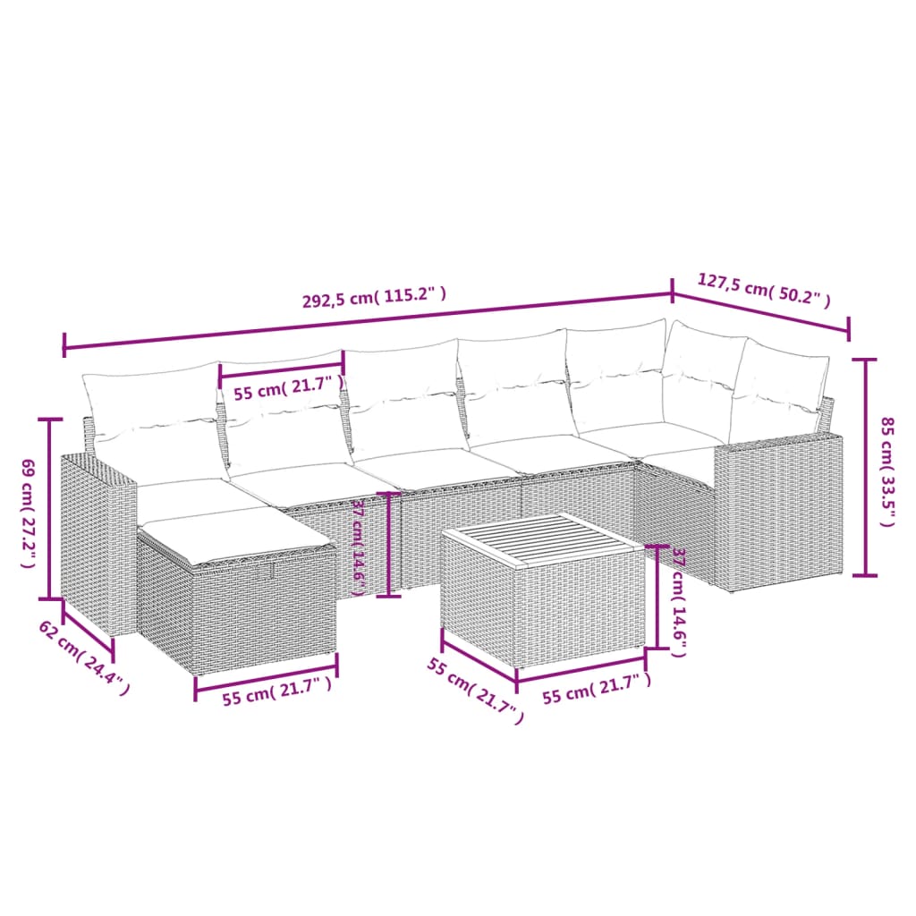 Set Divano da Giardino 8 pz con Cuscini Beige Misto Polyrattan 3264846