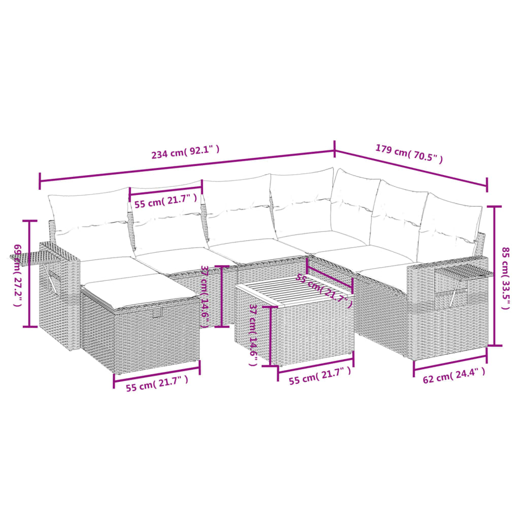 Set Divano da Giardino 8 pz con Cuscini Beige in Polyrattan 3264964