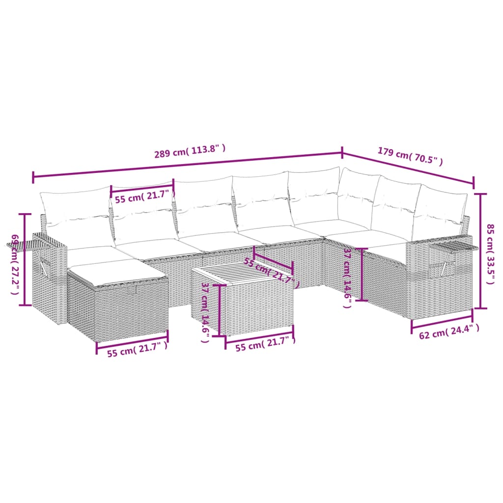 Set Divano da Giardino 9 pz con Cuscini Grigio in Polyrattan 3264987