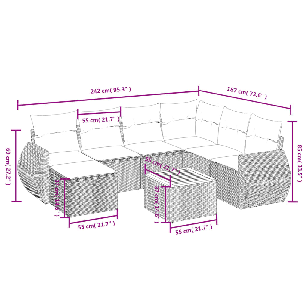 Set Divano da Giardino 8 pz con Cuscini Grigio in Polyrattancod mxl 89894