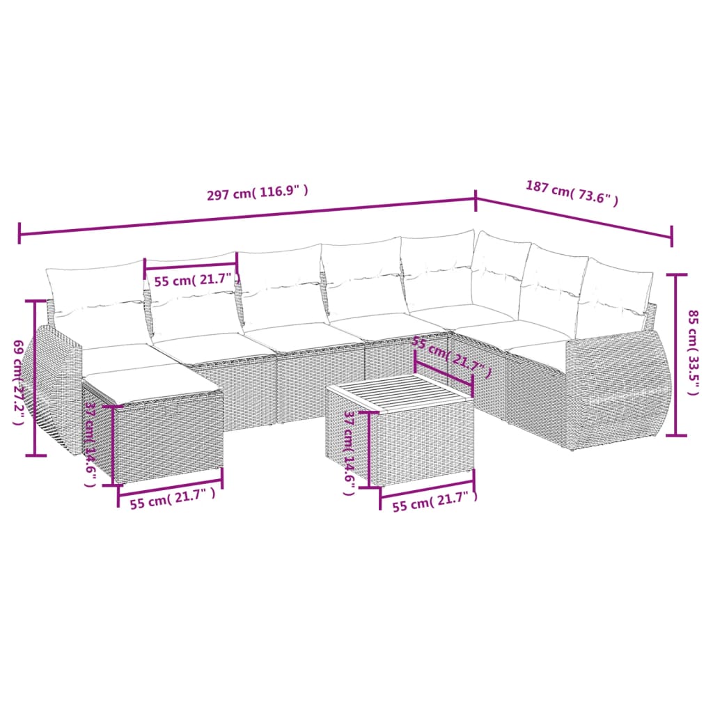 Set Divani da Giardino 9 pz con Cuscini Nero in Polyrattan 3265094