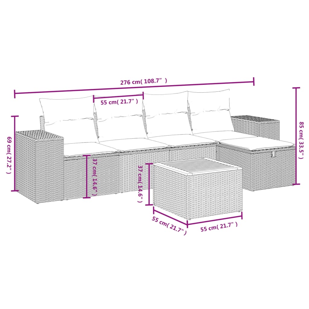 Set Divano da Giardino 6 pz con Cuscini Grigio in Polyrattan 3265169