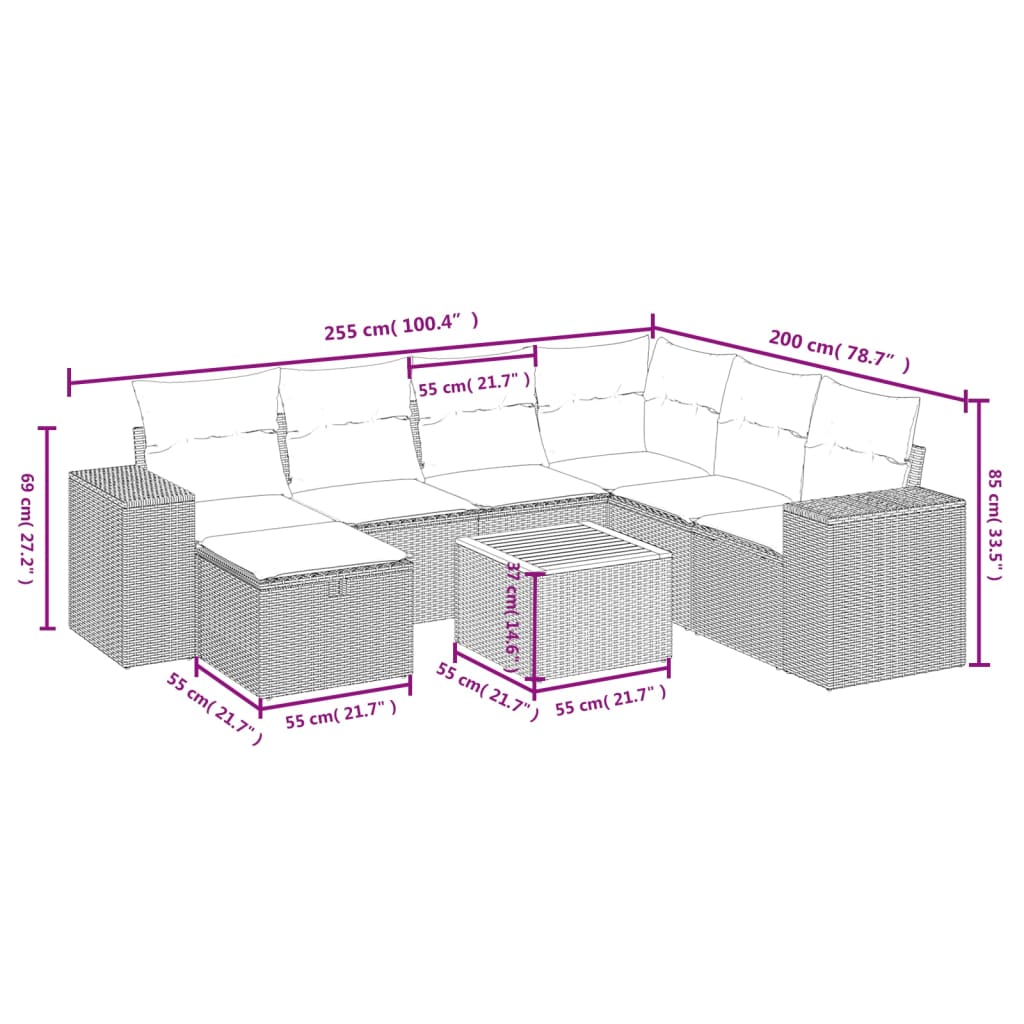 Set Divano da Giardino 8 pz con Cuscini Beige in Polyrattan 3265188