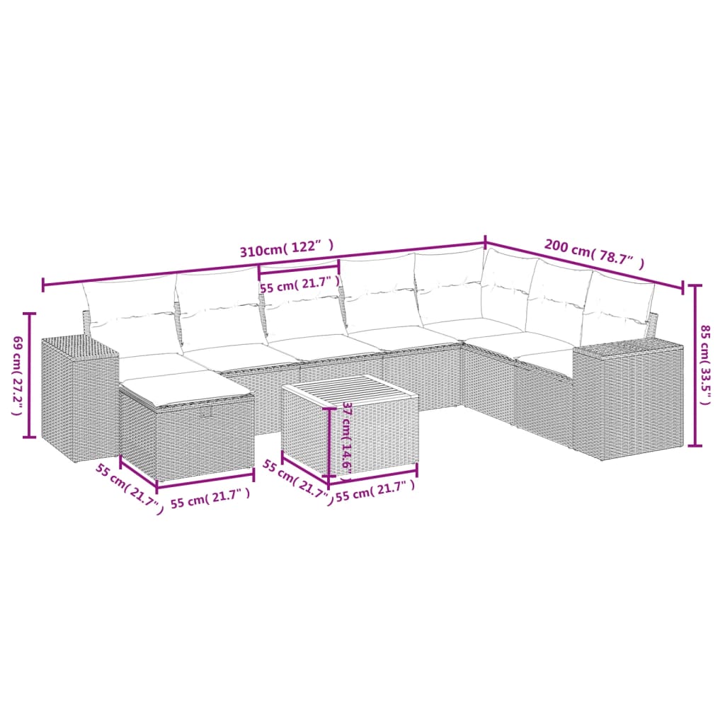 Set Divano da Giardino 9 pz con Cuscini Grigio in Polyrattancod mxl 92233