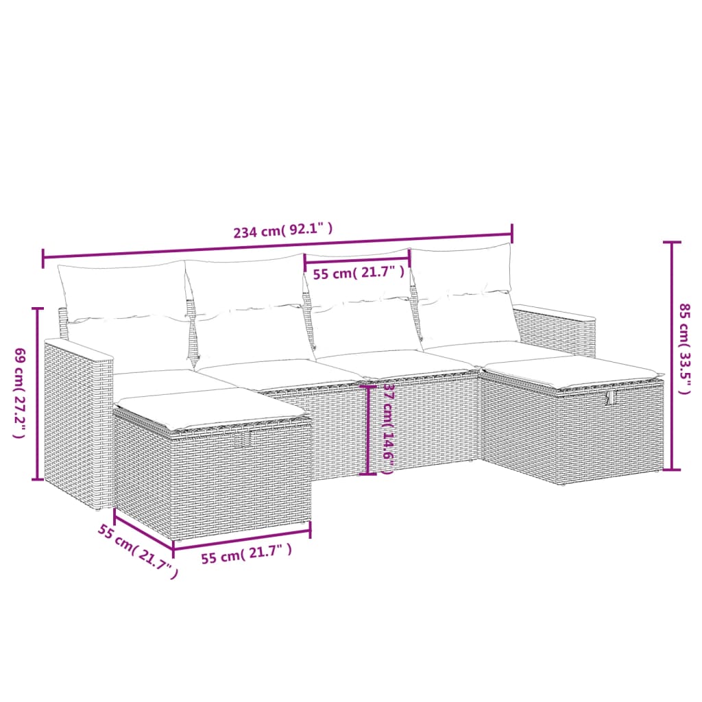 Set Divano da Giardino 6 pz con Cuscini Nero in Polyrattan 3265339