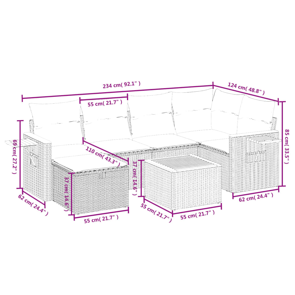 Set Divano da Giardino 7 pz con Cuscini Beige Misto Polyrattan 3265525