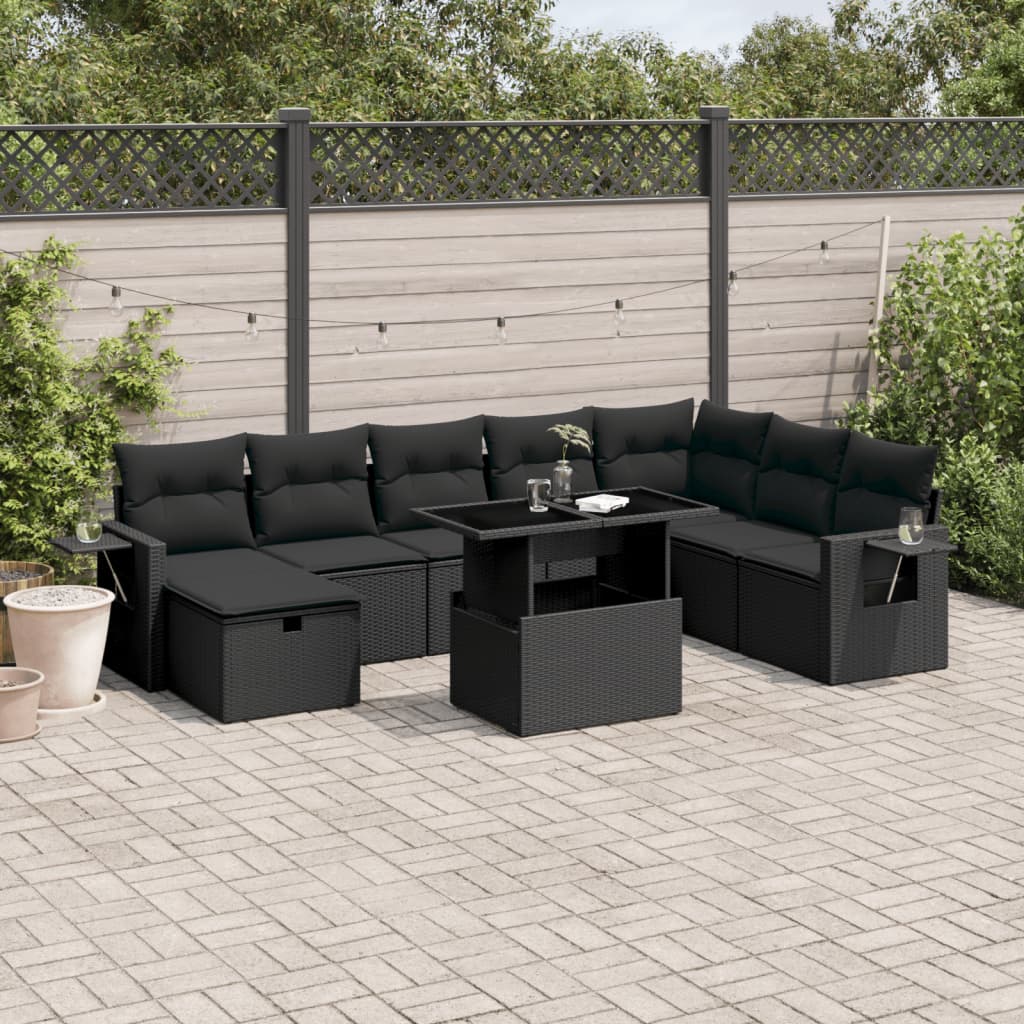 Set Divani da Giardino 9 pz con Cuscini Nero in Polyrattan 3275025