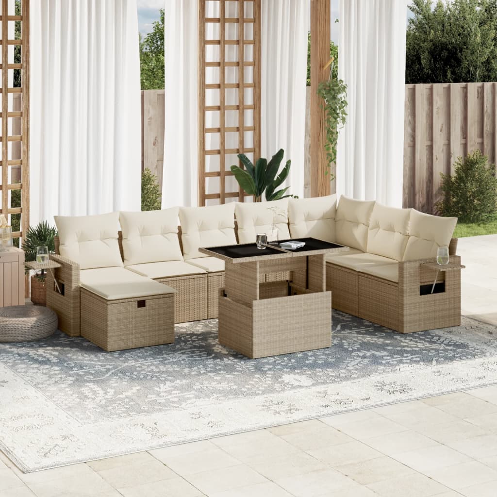 Set Divano da Giardino 9 pz con Cuscini Beige in Polyrattan 3275028