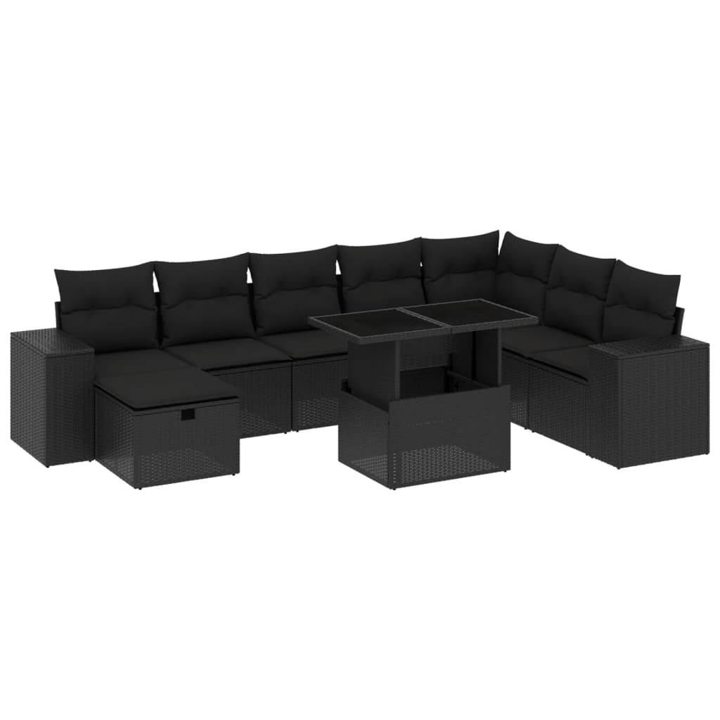 Set Divani da Giardino 9 pz con Cuscini Nero in Polyrattan 3275345