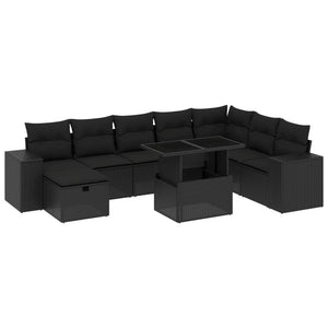 Set Divani da Giardino 9 pz con Cuscini Nero in Polyrattan 3275345