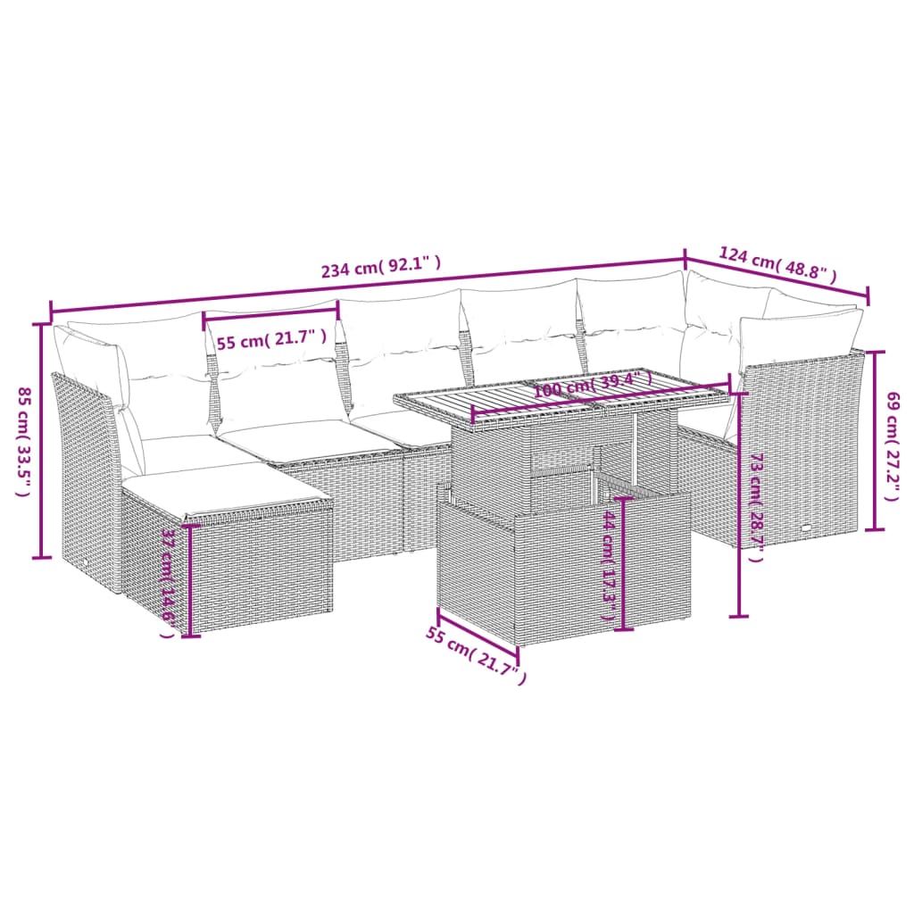 Set Divano da Giardino 8 pz con Cuscini Beige in Polyrattan 3275488