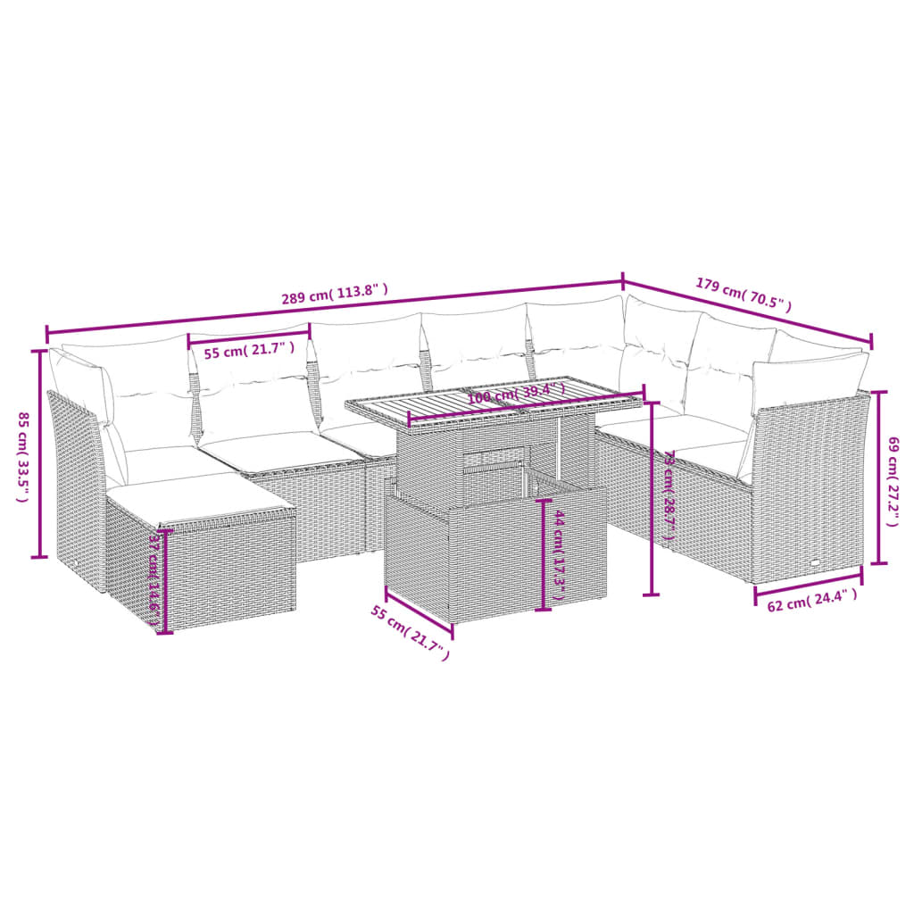 Set Divano da Giardino 9 pz con Cuscini Beige in Polyrattan 3275516