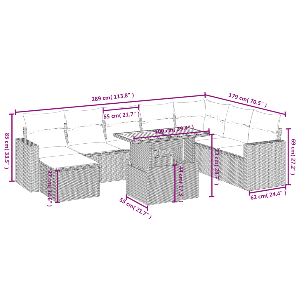 Set Divani da Giardino 9 pz con Cuscini Nero in Polyrattancod mxl 88877