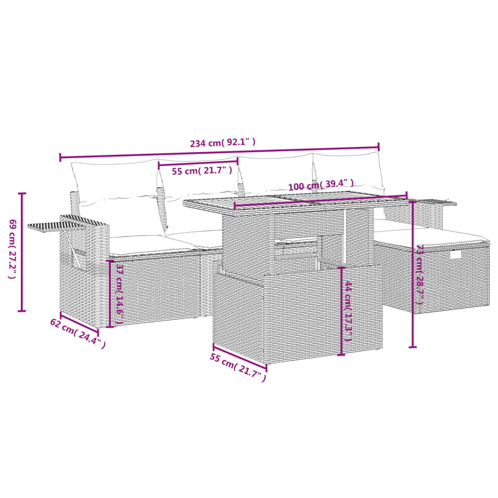 Set Divano da Giardino 6 pz con Cuscini Grigio in Polyrattan 3275699