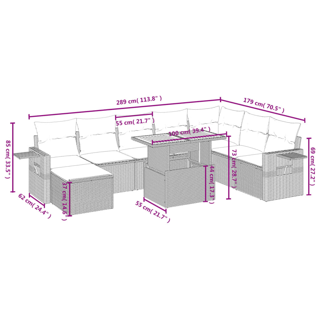 Set Divani da Giardino 9 pz con Cuscini Nero in Polyrattan 3275737