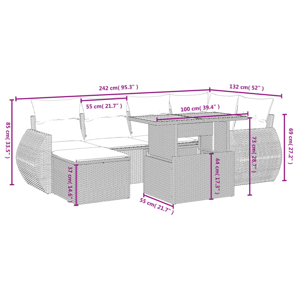 Set Divani da Giardino 7 pz con Cuscini Grigio in Polyrattan 3275818