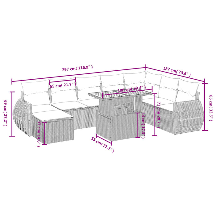 Set Divano da Giardino 9 pz con Cuscini Grigio in Polyrattan 3275853