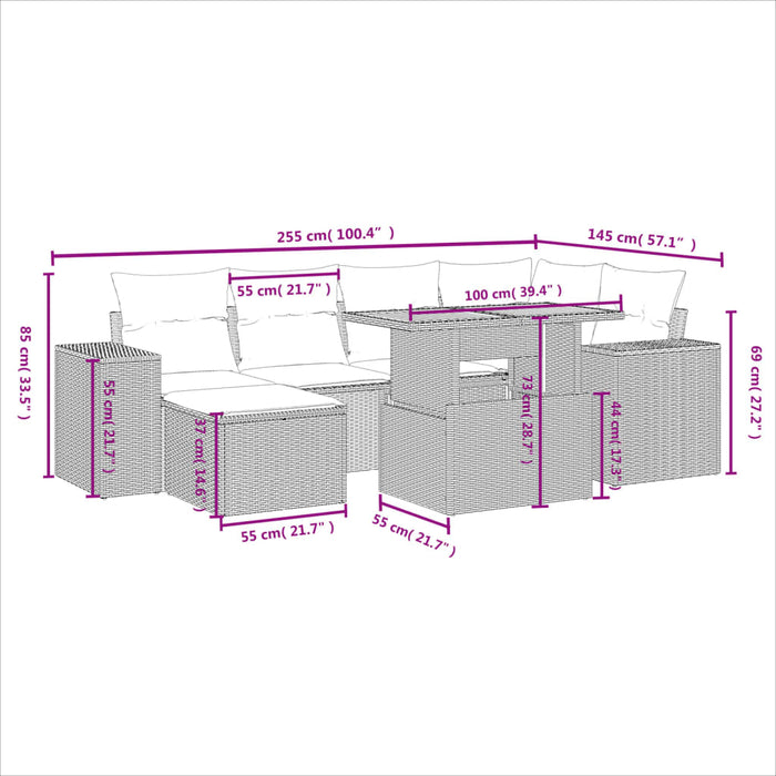 Set Divani da Giardino 7 pz con Cuscini Beige in Polyrattan 3275929