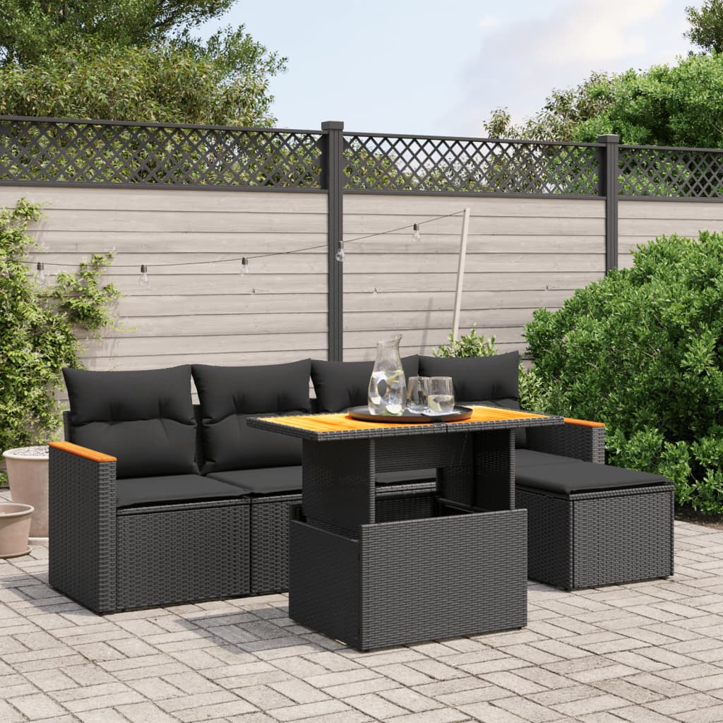 Set Divano da Giardino 6 pz con Cuscini Nero in Polyrattan 3276030