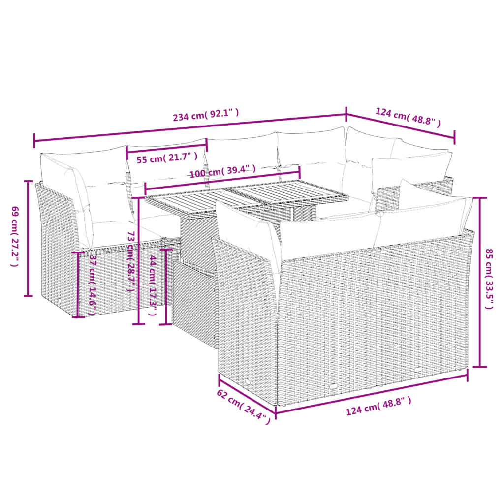 Set Divano da Giardino 8 pz con Cuscini Beige in Polyrattan 3270709