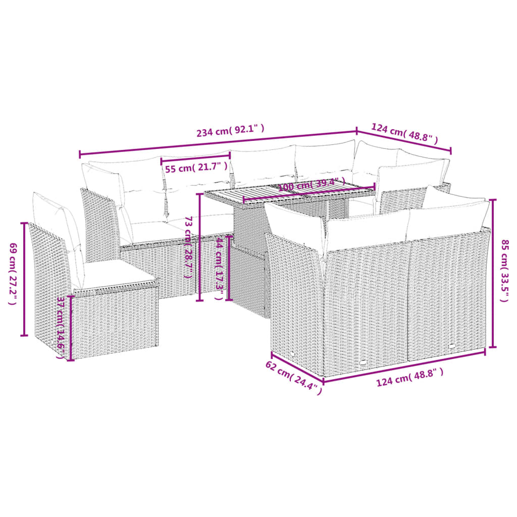 Set Divano da Giardino 9 pz con Cuscini Beige in Polyrattan 3270933