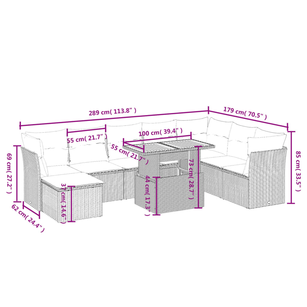 Set Divano da Giardino 9 pz con Cuscini Beige in Polyrattan 3270975