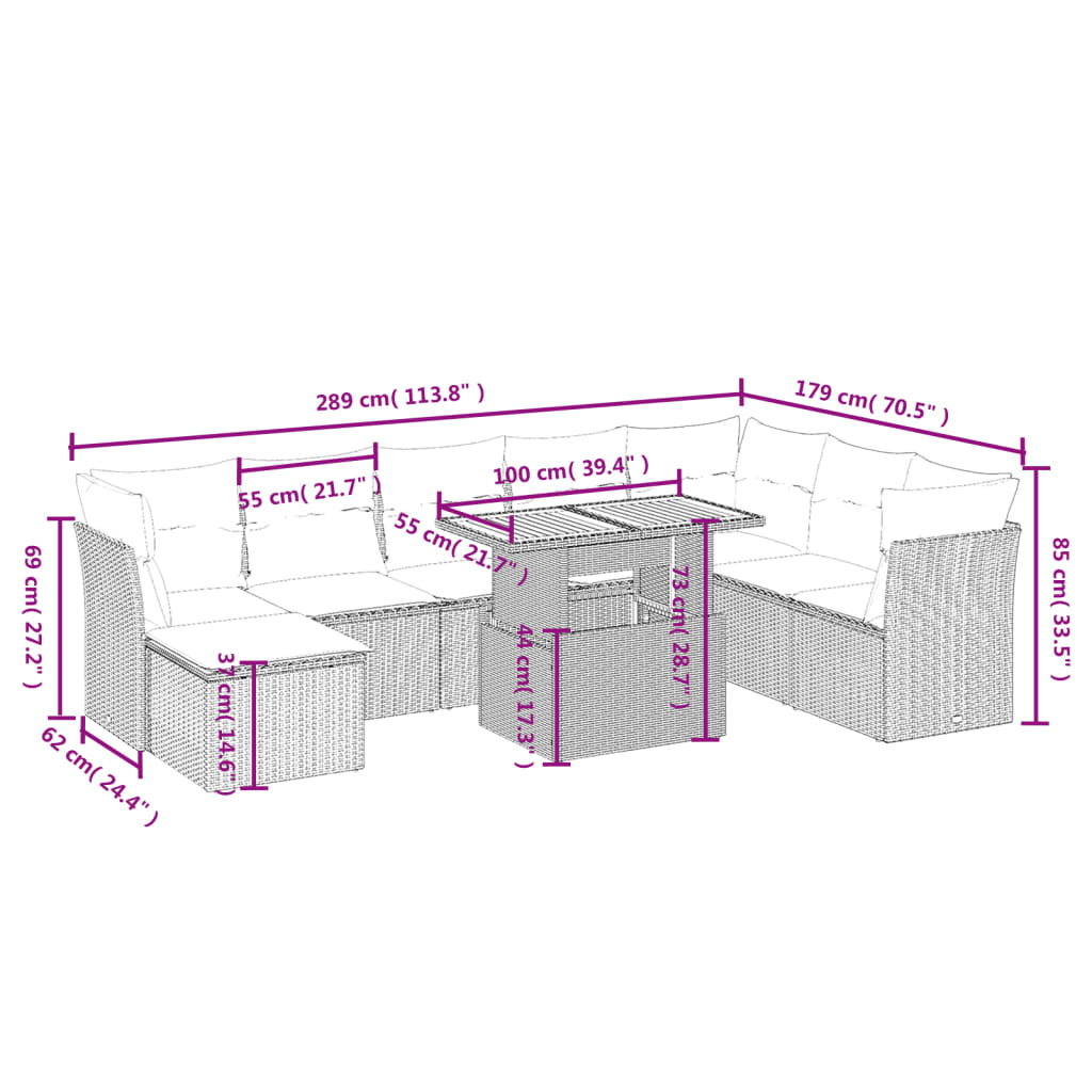 Set Divano da Giardino 9 pz con Cuscini Grigio in Polyrattan 3270976