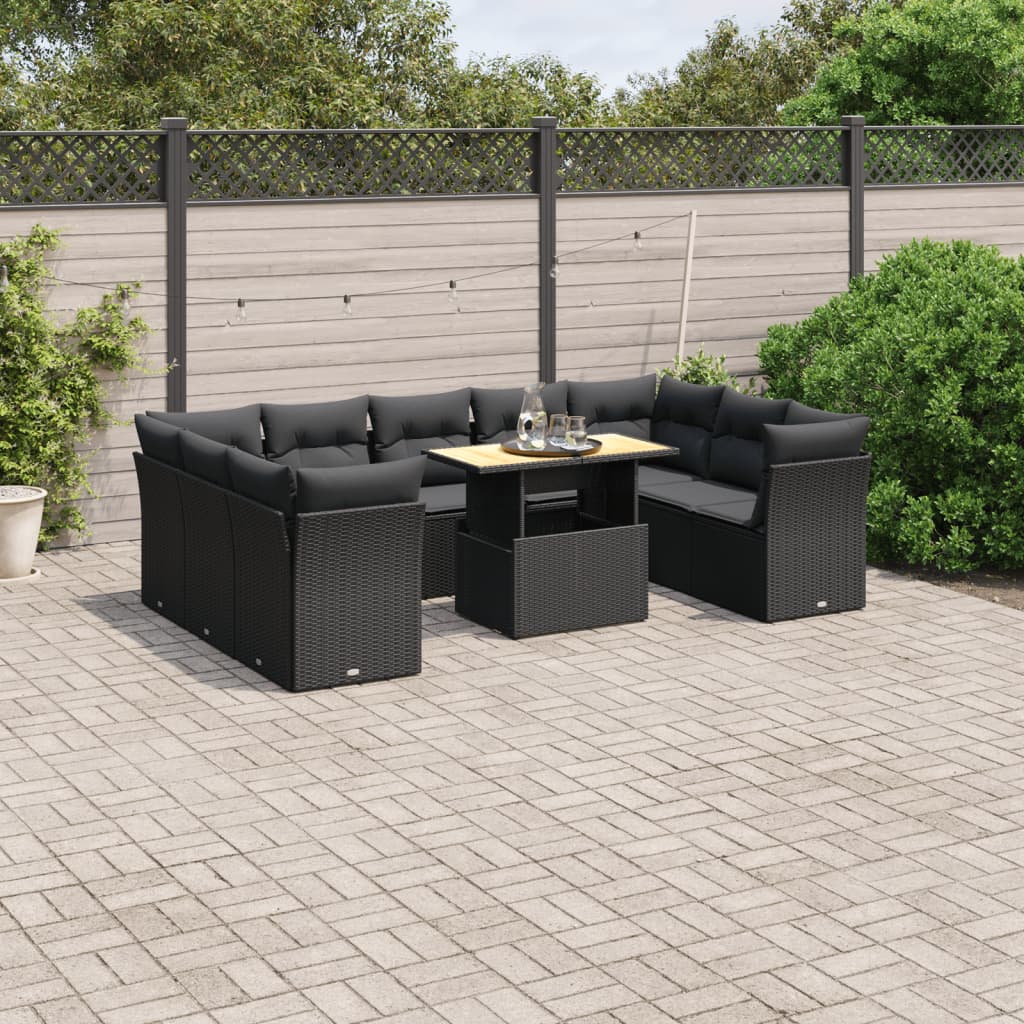 Set Divani da Giardino 10pz con Cuscini in Polyrattan Nero 3270992