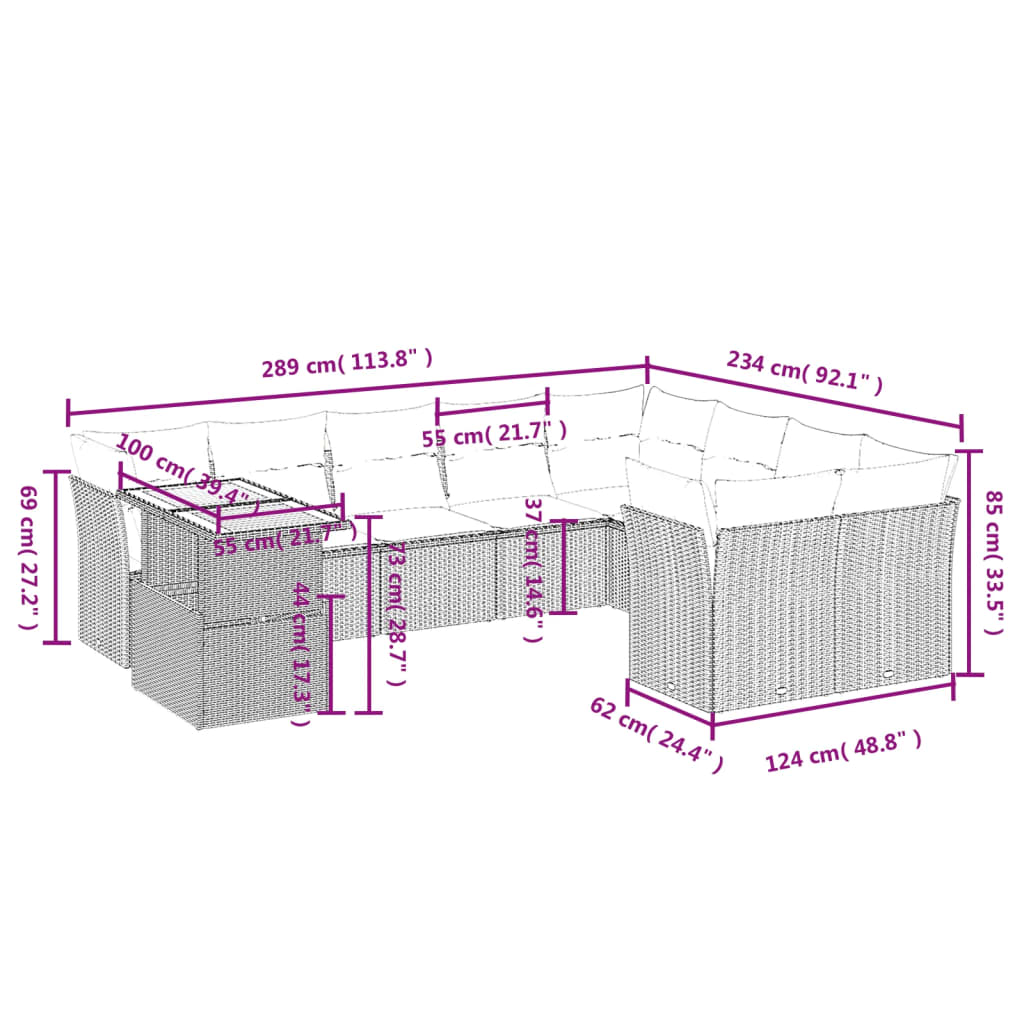 Set Divano da Giardino 10 pz con Cuscini Grigio in Polyrattan 3271018