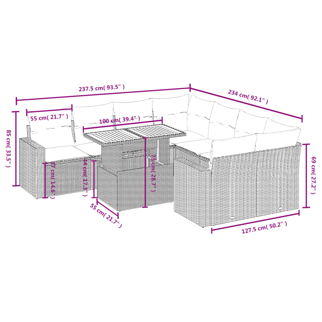 Set Divani da Giardino 9 pz con Cuscini Nero in Polyrattan 3271237