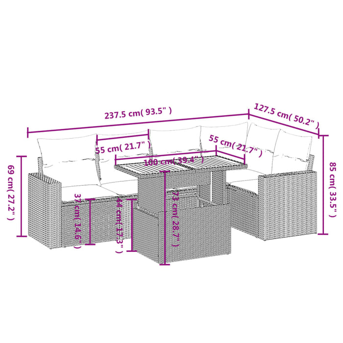 Set Divano da Giardino 6 pz con Cuscini Nero in Polyrattan 3271301