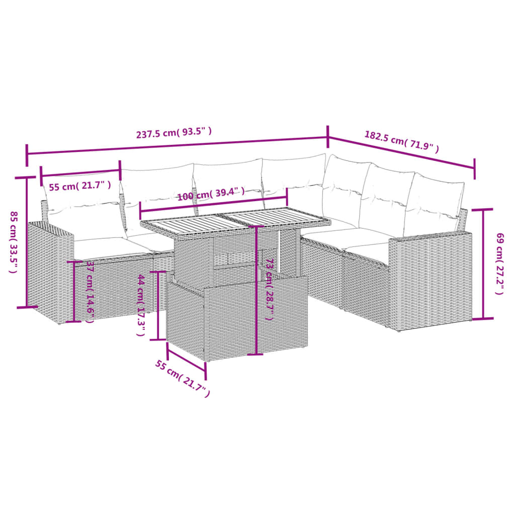 Set Divani da Giardino 7 pz con Cuscini Grigio in Polyrattan 3271333