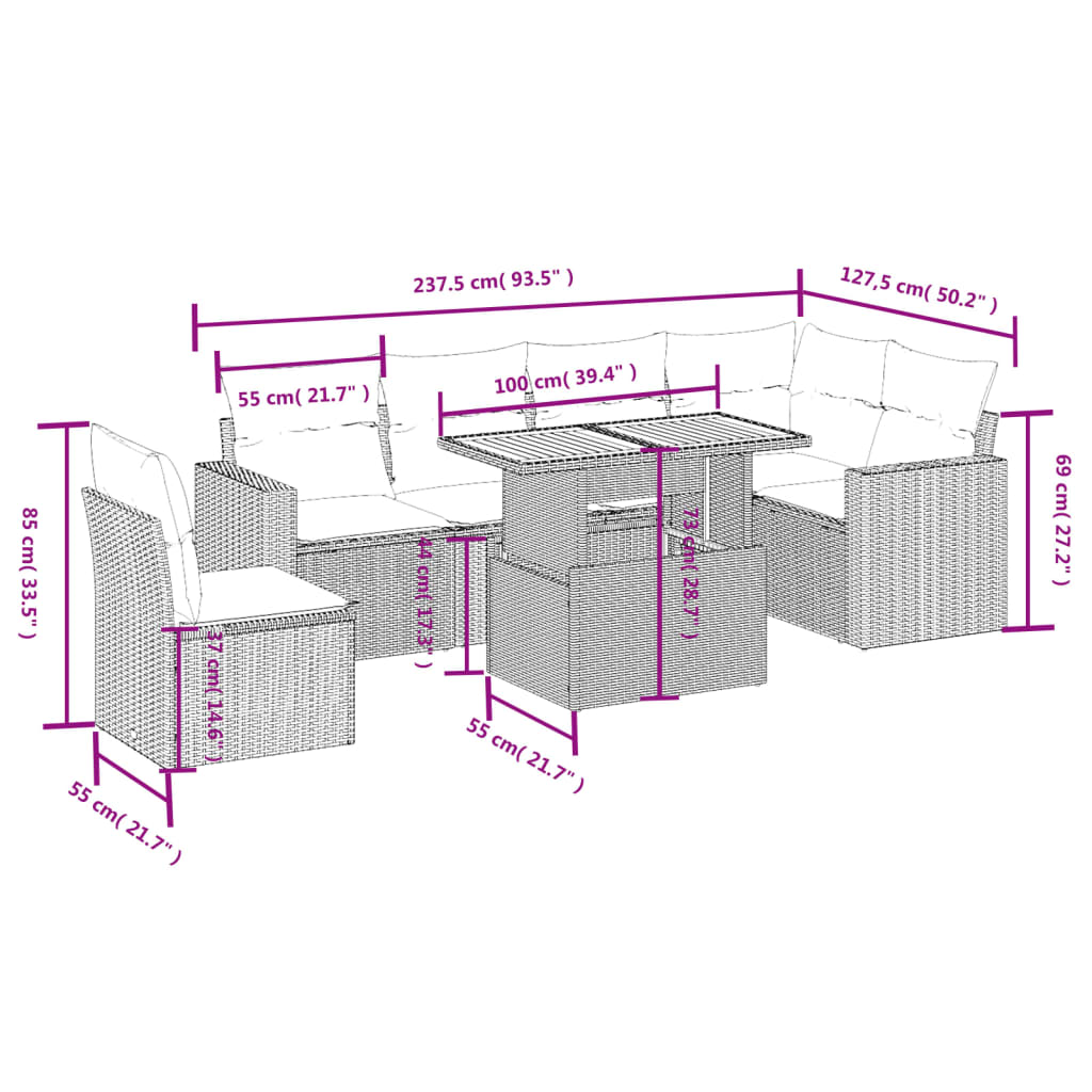 Set Divani da Giardino 7 pz con Cuscini Beige in Polyrattan 3271339