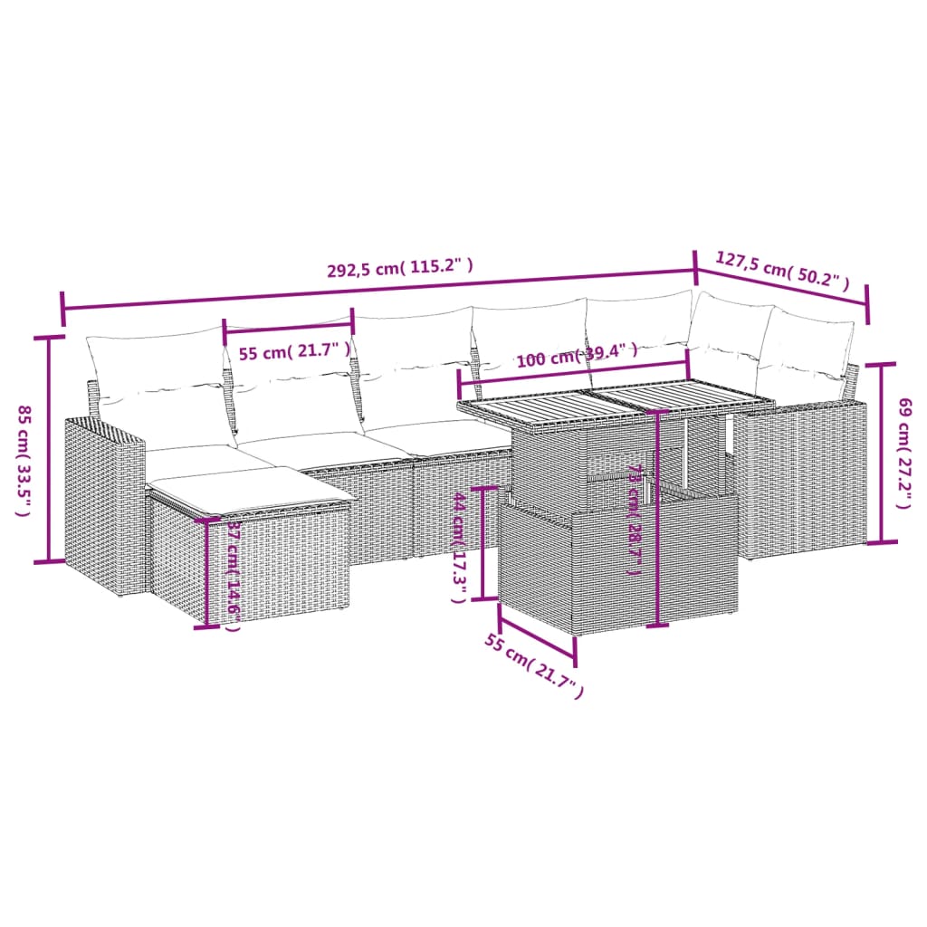 Set Divani da Giardino con Cuscini 8 pz Nero in Polyrattan 3271419