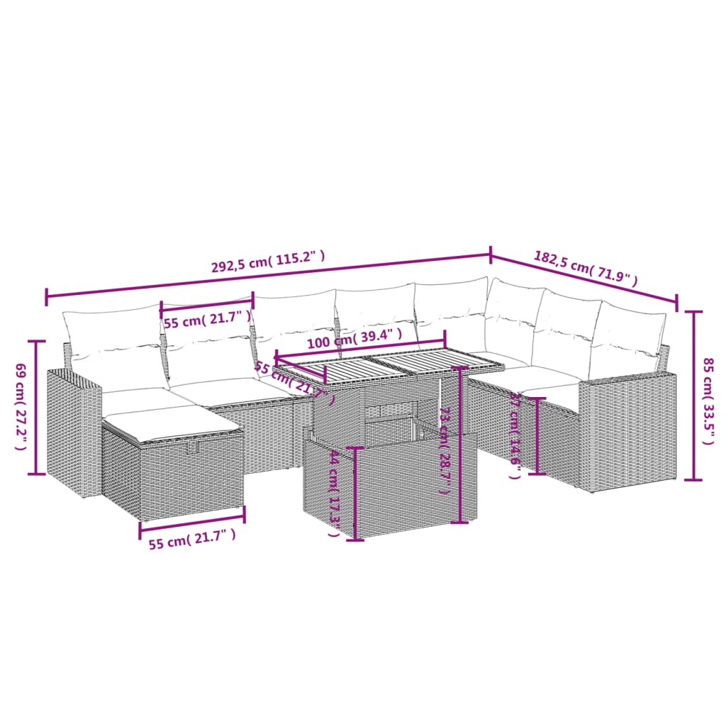 Set Divani da Giardino 9 pz con Cuscini Nero in Polyrattan 3271448